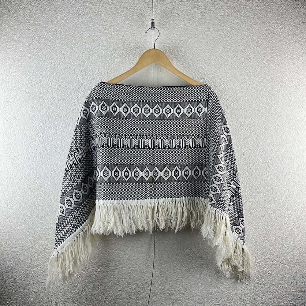 Vintage l 70s OS Southwestern Geo Tribal Blanket Tapestry Fringe Hem Boho Poncho